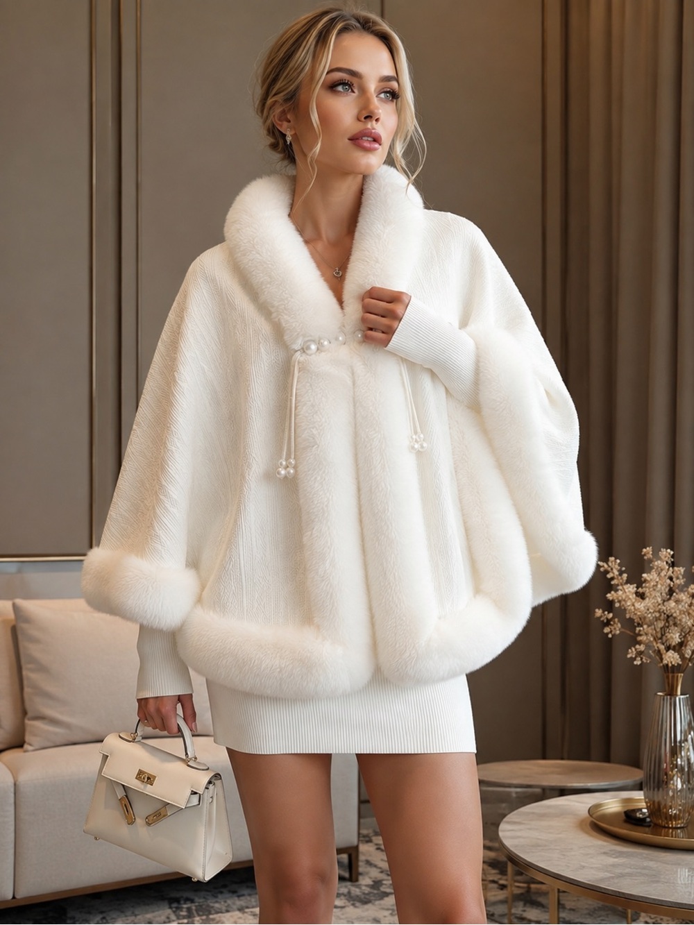 White Faux Fur Trim Cape Coat | Elegant Winter Wrap | One Size